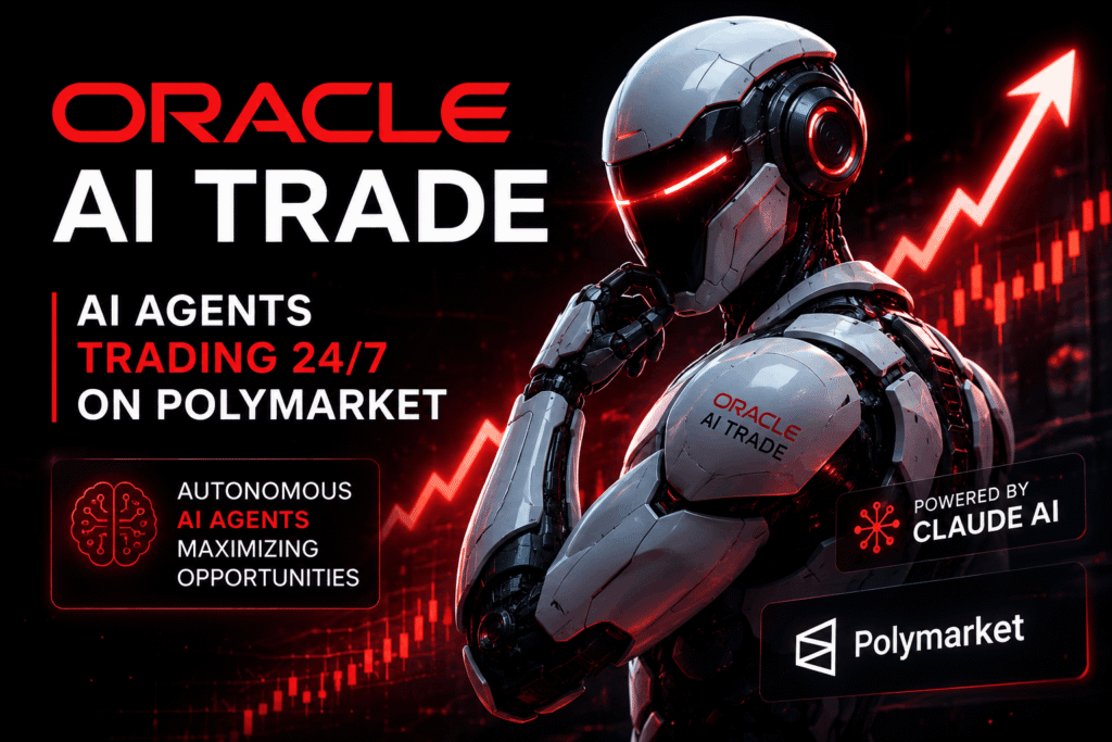 An image showing text oracle ai trade with a robot and with upgrowing trading arrows
