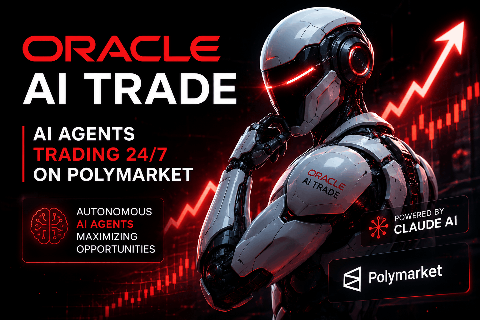 An image showing text oracle ai trade with a robot and with upgrowing trading arrows