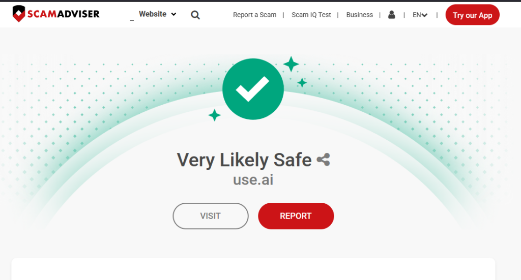 Scamadviser trust check result for the use. Ai domain