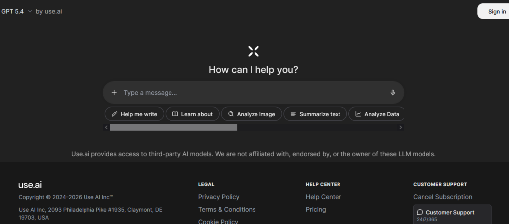Use ai homepage showing its chat interface for accessing multiple ai models