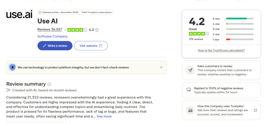 Trustpilot rating and review summary for use ai