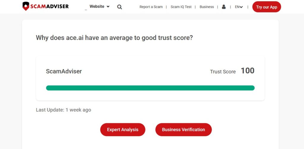 Scamadviser trust report for the ace. Ai website
