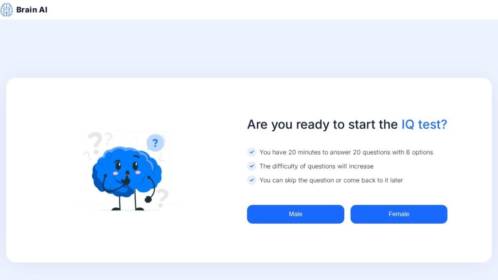 Brain ai web iq test start page asking if you are ready to start, with 20 questions in 20 minutes
