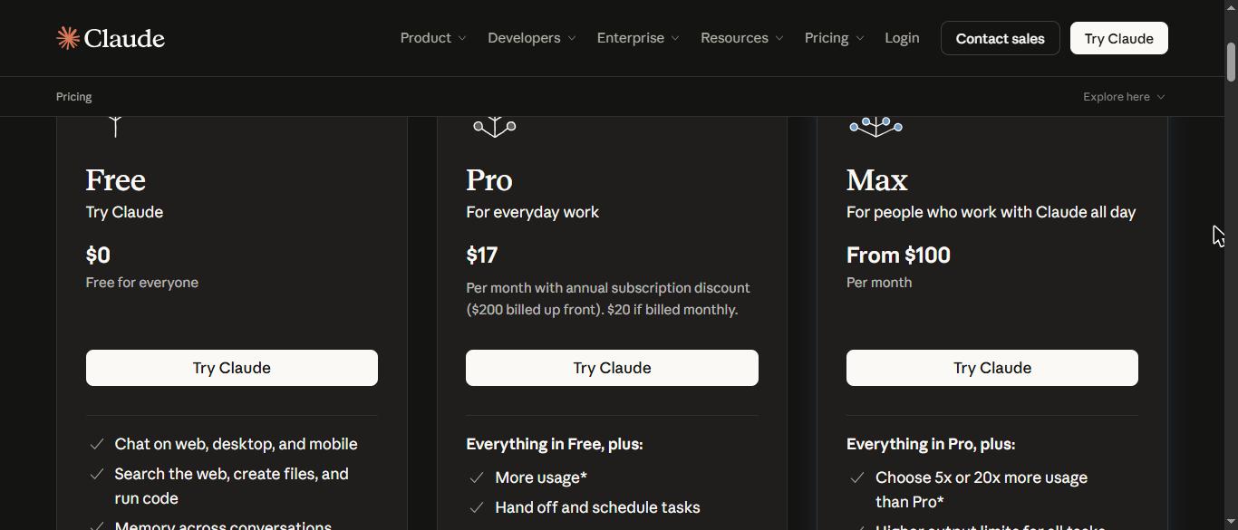 Claude pricing page showing pro at $17 a month billed annually or $20 monthly, and max from $100 a month, the plans that include claude opus 5. 5