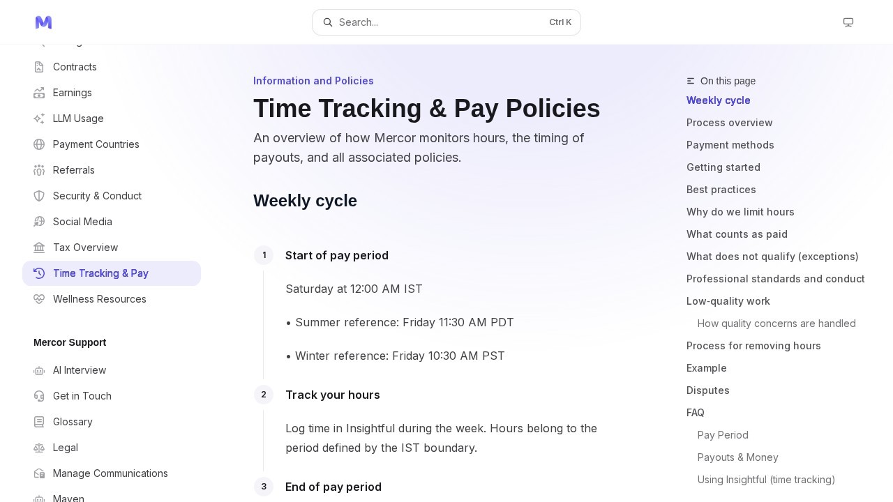 Is mercor legit? Real pay, screenshots, and a 2026 data breach 1 Mercor time tracking and pay policies page showing the weekly pay cycle starting saturday at 12:00 am ist