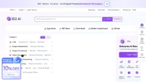 The 302 AI homepage listing its AI model and API marketplace