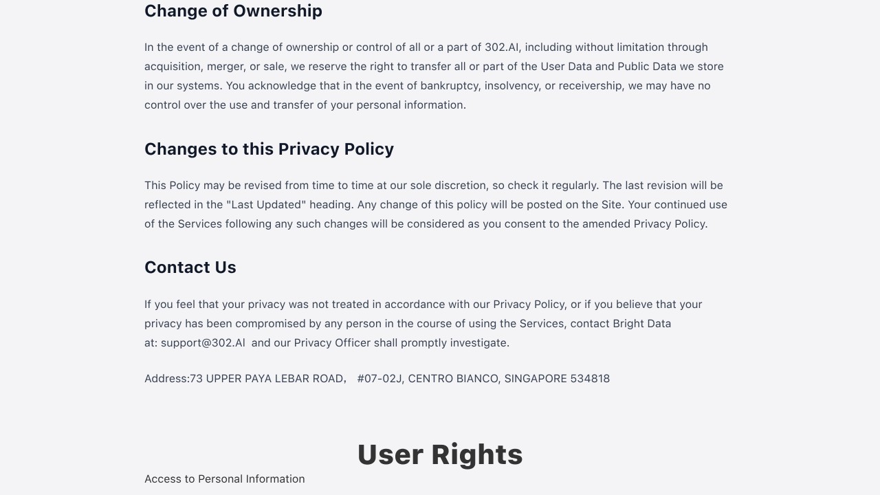 The 302 ai privacy policy contact section, which tells users to contact bright data about privacy complaints