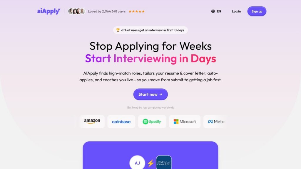 Aiapply homepage showing its auto apply job application tool and its claim of more than two million users