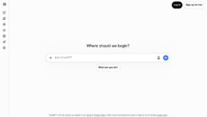 ChatGPT homepage with the Where should we begin prompt box and the log in and sign up buttons