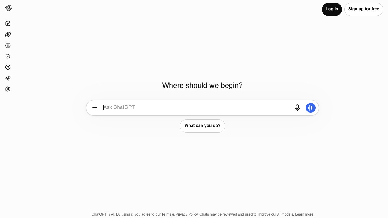 ChatGPT homepage with the Where should we begin prompt box and the log in and sign up buttons