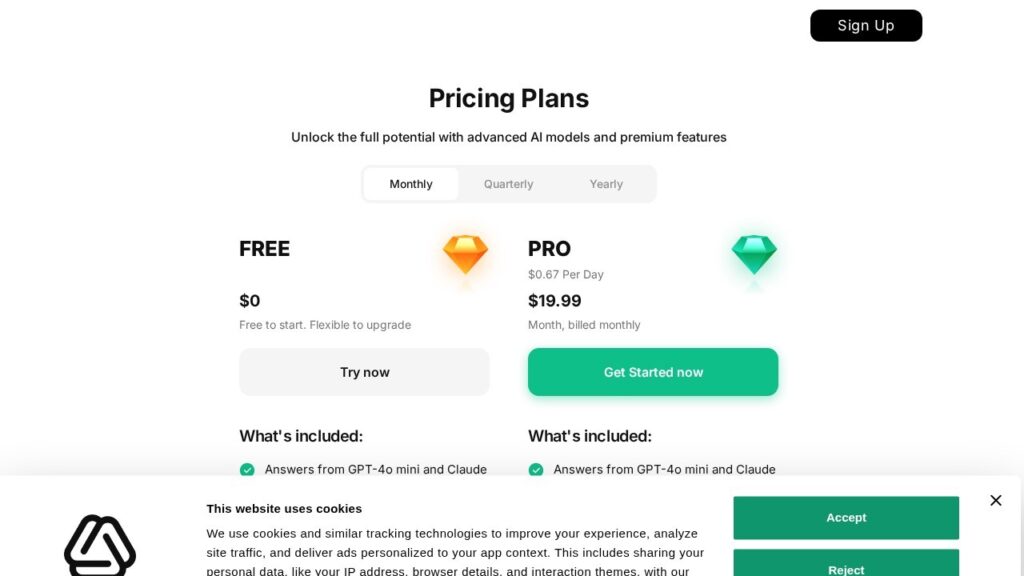 Chaton pricing page showing a free plan at $0 and the pro plan at $19. 99 a month, with monthly, quarterly and yearly tabs