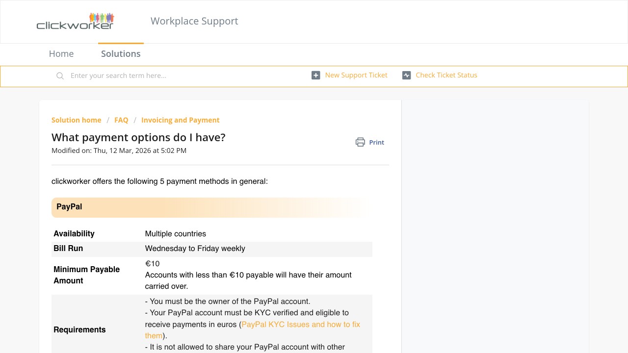 Clickworker help centre page listing paypal payout terms, including the 10 euro minimum and weekly bill run