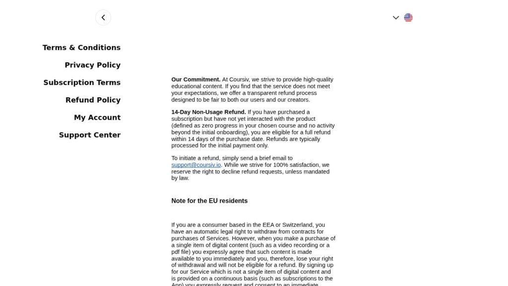 Is coursiv legit or a scam? Open one lesson, lose the refund 1 Coursiv money-back policy page showing the 14-day non-usage refund rule and the note for eu residents