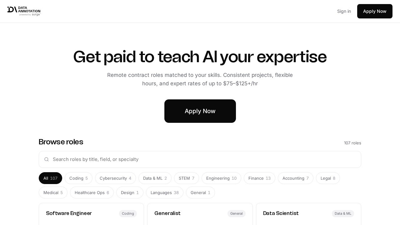 Dataannotation homepage showing the headline pay of up to $75 to $125+ an hour and a job board with 107 roles, 38 of them language roles