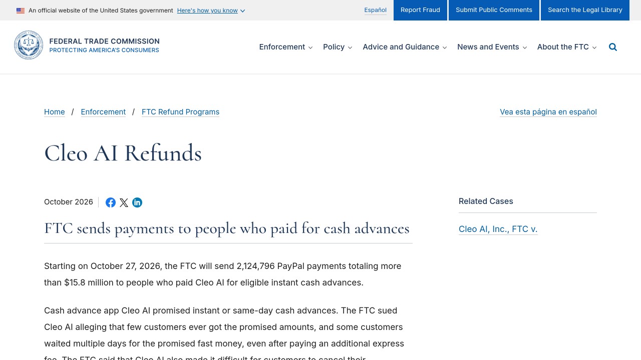Ftc cleo ai refunds page with payment dates and the refund administrator