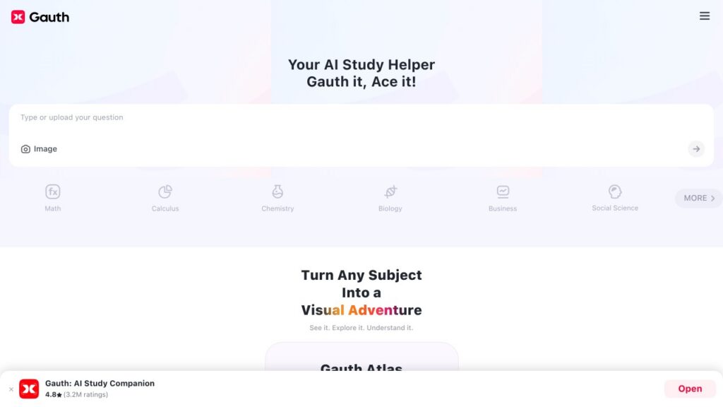 Gauth ai homepage showing the your ai study helper prompt box, captured on october 9, 2026