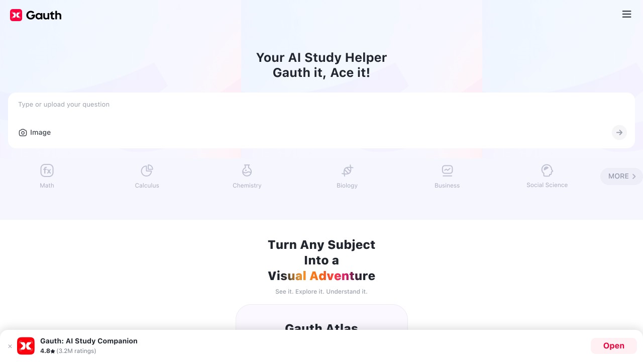 Home 3 Gauth ai homepage showing the your ai study helper prompt box, captured on october 9, 2026