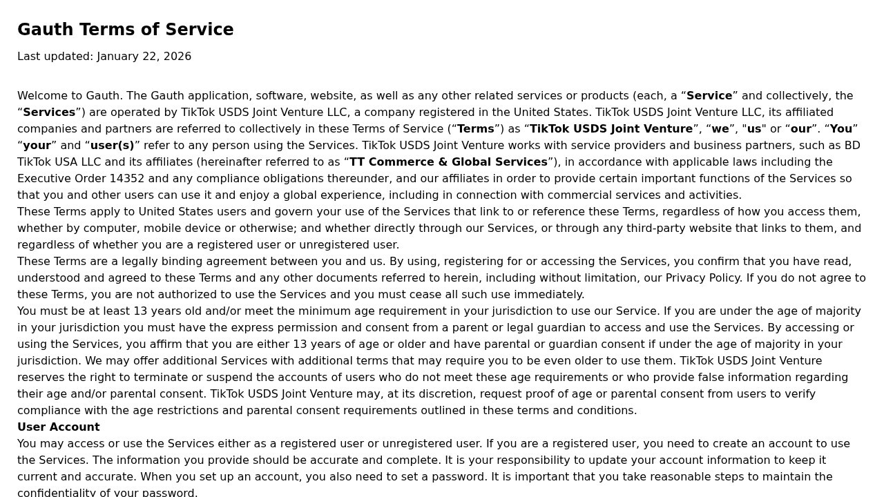 Gauth us terms of service page, last updated january 22, 2026, stating that gauth is operated by tiktok usds joint venture llc