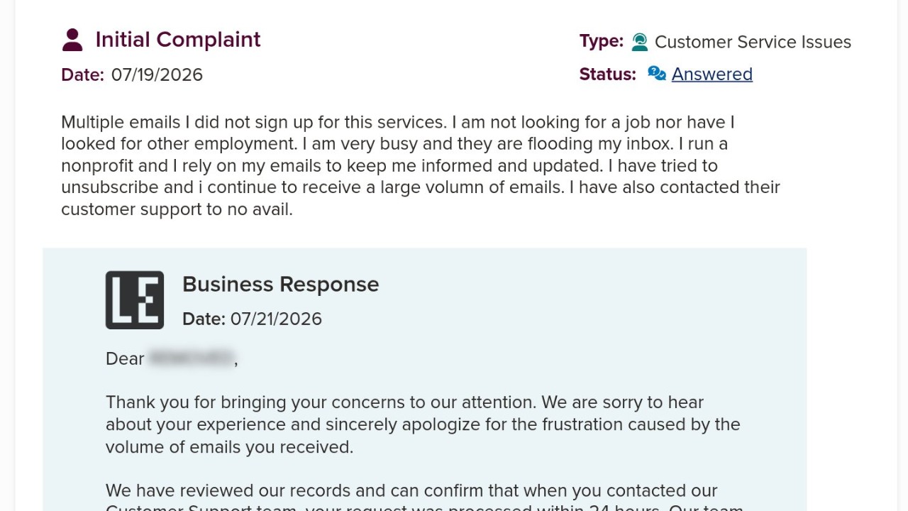 Bbb complaint about lensa emails the person says they never signed up for, with the start of lensa's reply