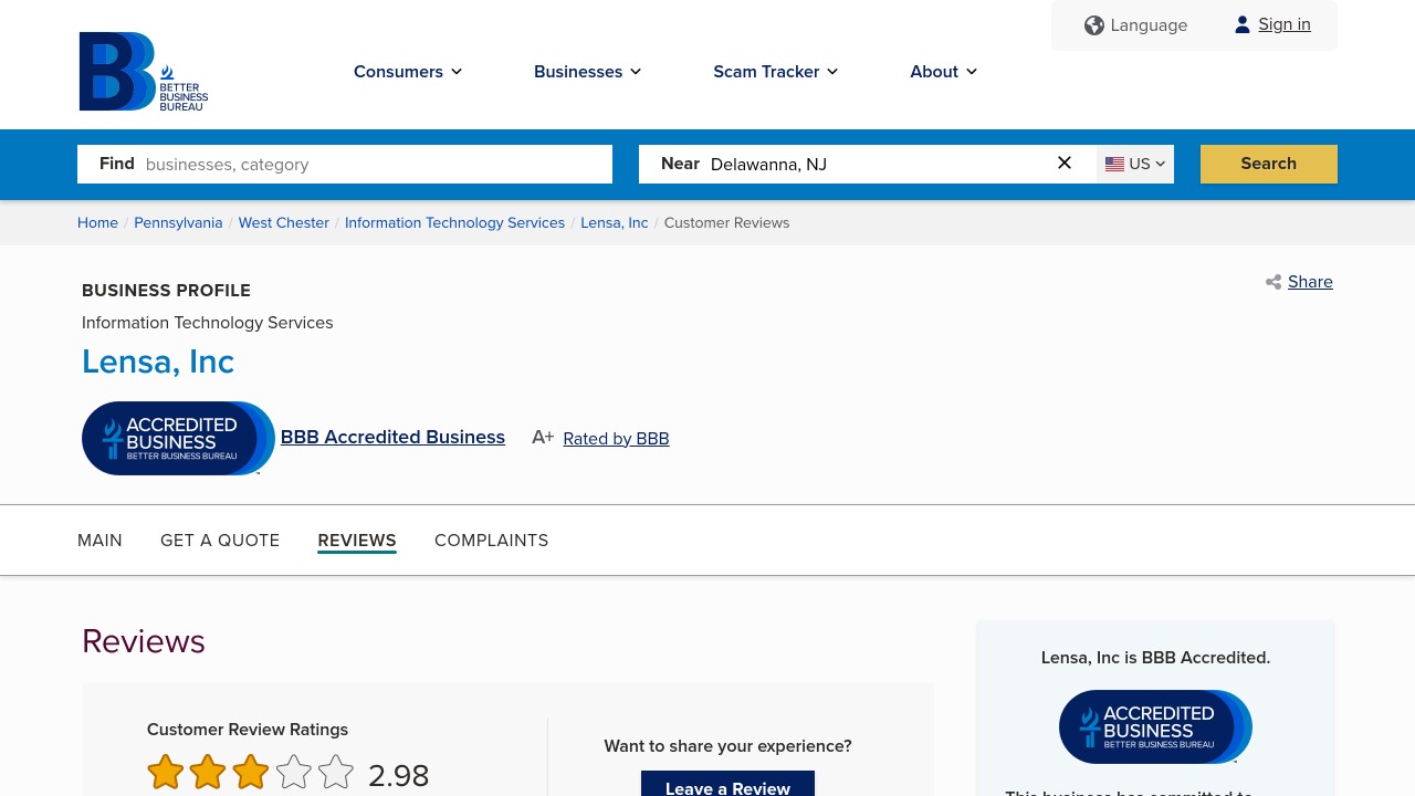 Lensa bbb customer reviews page with the average star rating
