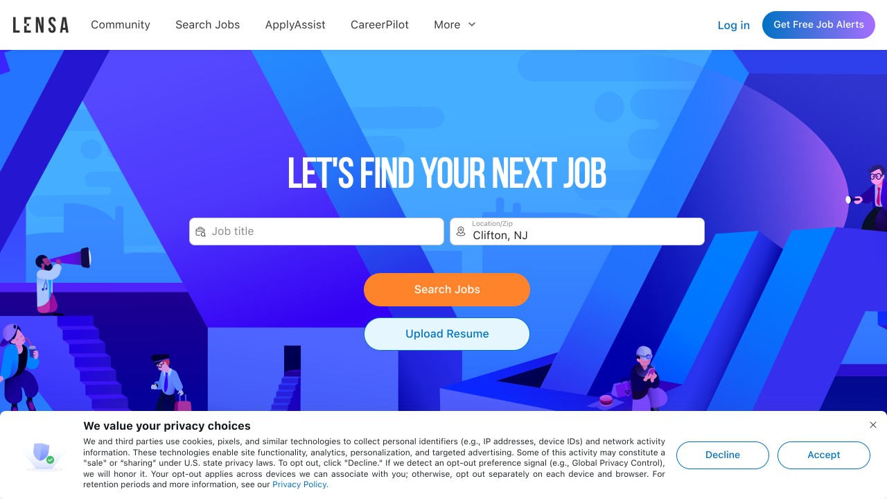 Lensa job board homepage with job title and location search boxes
