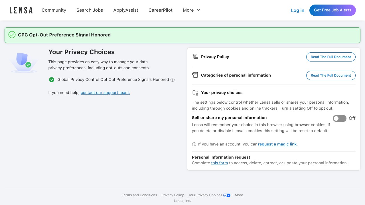 Lensa privacy choices page with the sell or share my personal information setting