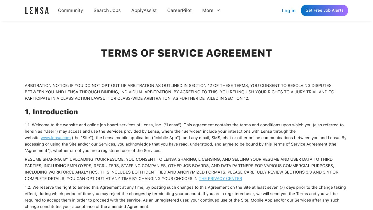 Lensa terms of service opening with the resume sharing notice in capital letters