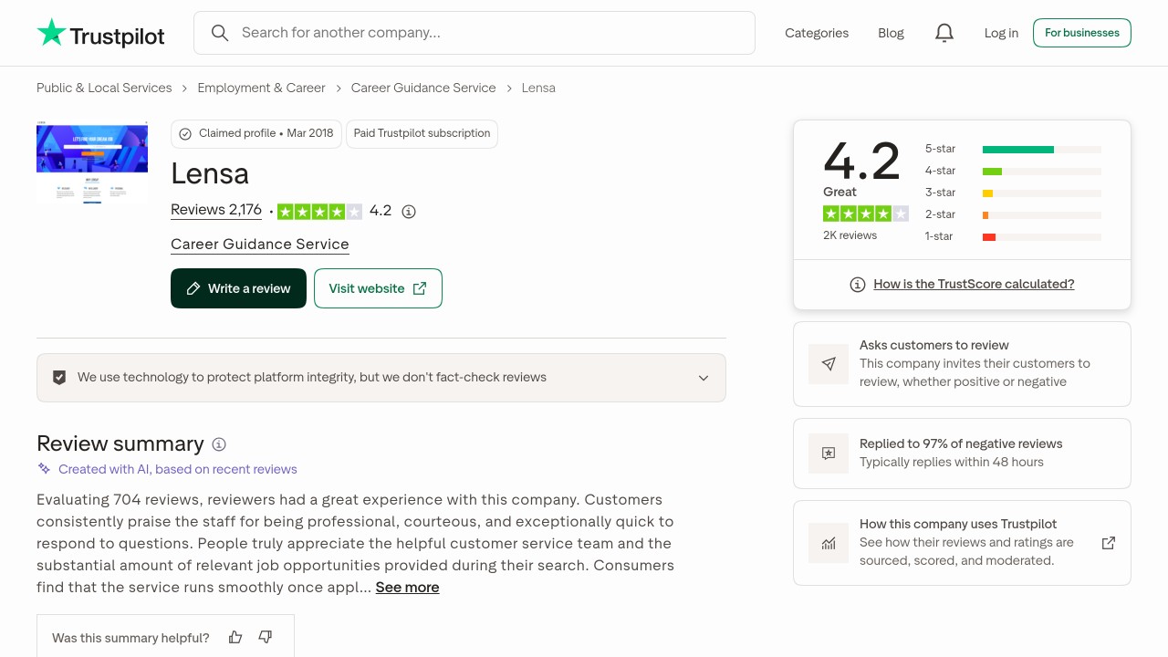 Lensa trustpilot profile showing its trustscore, review count and review invitation note