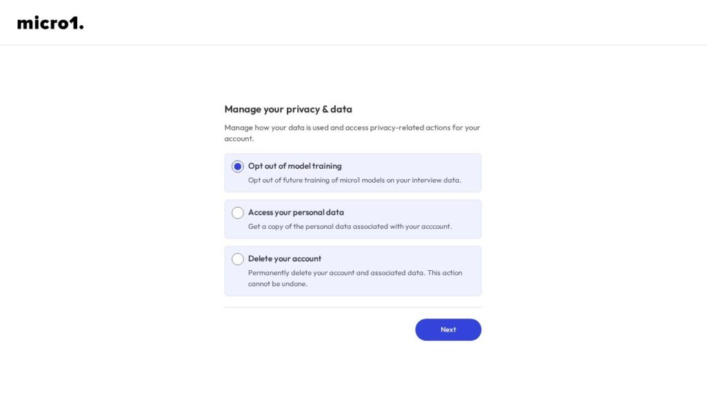 Is micro1 legit? Real jobs, but it owns your ai interview 1 Micro1 manage your privacy and data page showing the option to opt out of model training on interview data