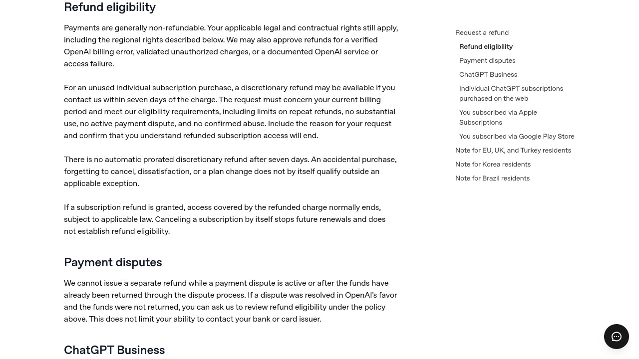 How to cancel chatgpt subscription (and the 7-day refund rule) 1 Openai help article section on chatgpt refund eligibility, showing the seven day discretionary refund rule