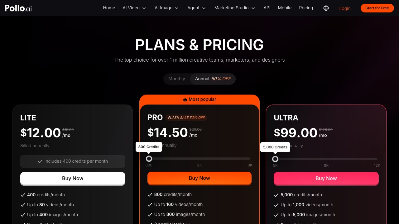 Pollo ai pricing page on its annual tab with a 50% off badge, showing lite at $12, pro at $14. 50 and ultra at $99 a month