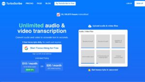 TurboScribe homepage offering unlimited audio and video transcription at 10 or 20 dollars a month, captured on October 16, 2026