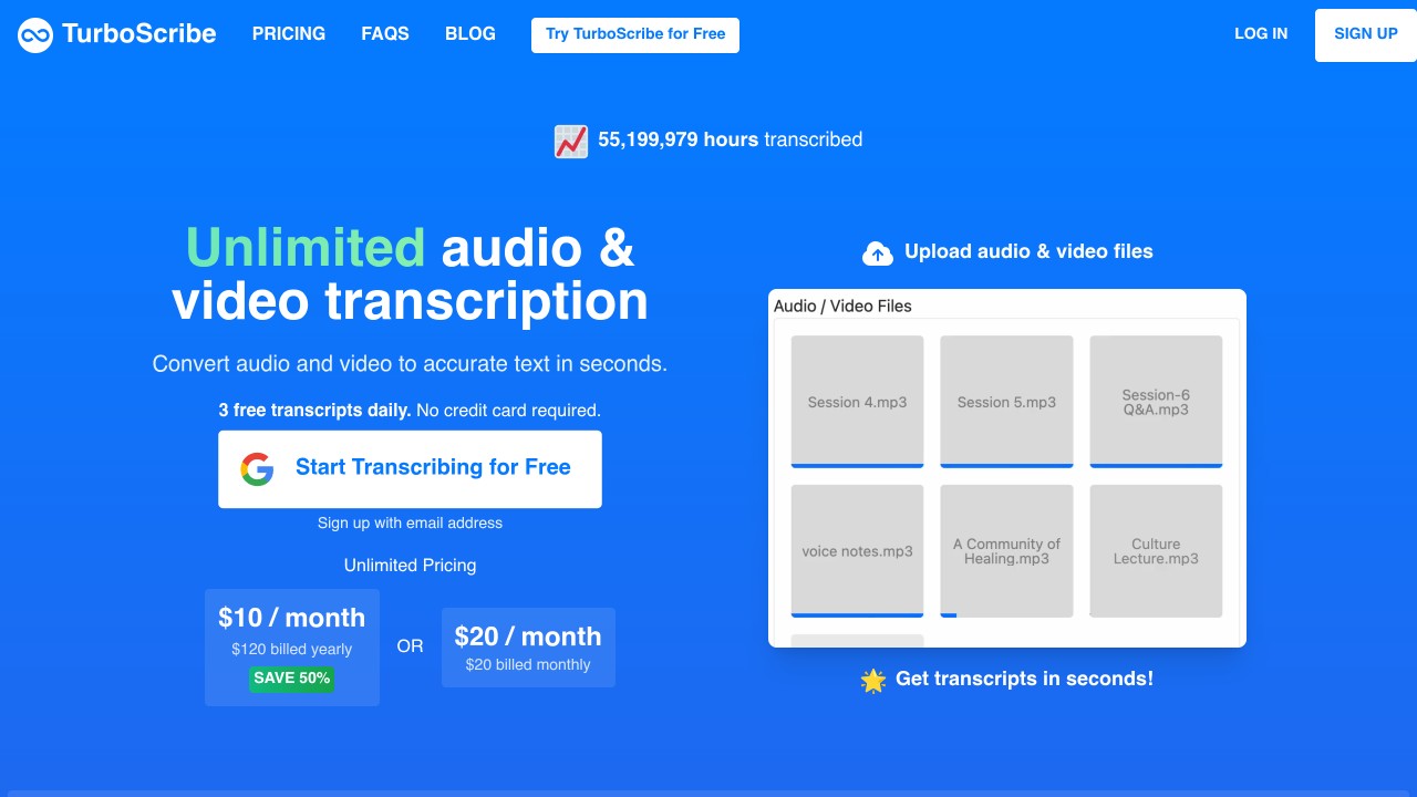 Turboscribe homepage offering unlimited audio and video transcription at 10 or 20 dollars a month, captured on october 16, 2026
