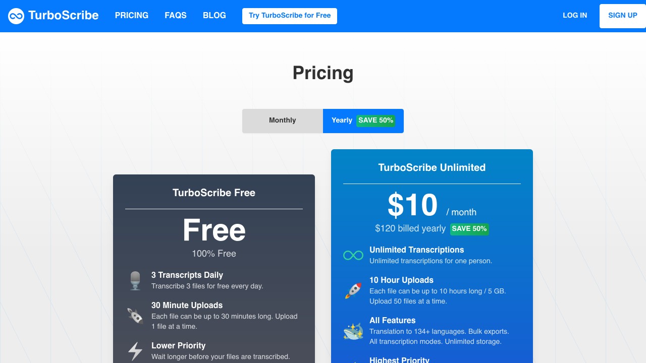 Turboscribe pricing page showing the free plan and the unlimited plan at 10 dollars a month billed yearly
